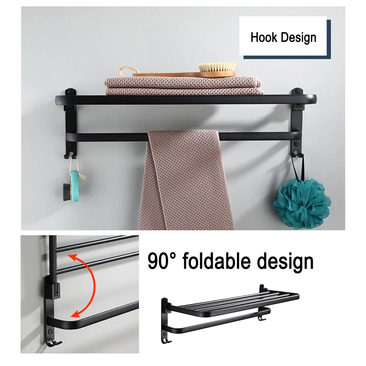 1 PCS Black towel rack space aluminum rack folding bathroom towel Shelf rack hotel hardware bathroom  50 / 60cm For Bathroom