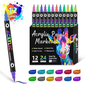 12-Pack Dual-Tip Acrylic Paint Markers | 24 Vibrant Colors | Waterproof & Quick-Dry for Art Projects