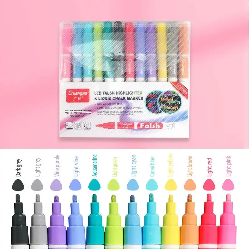 12pcs | set LED Board Erasable Fluorescent Pen Highlighter Tip 2mm