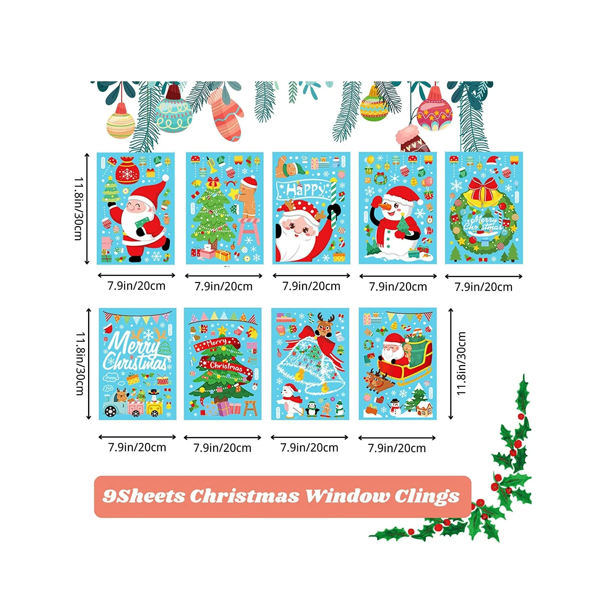 273PCS Christmas Windows Decoration Stickers | 9 Sheets Snowman Reindeer Snowflake Window Clings Xmas Party Supplies