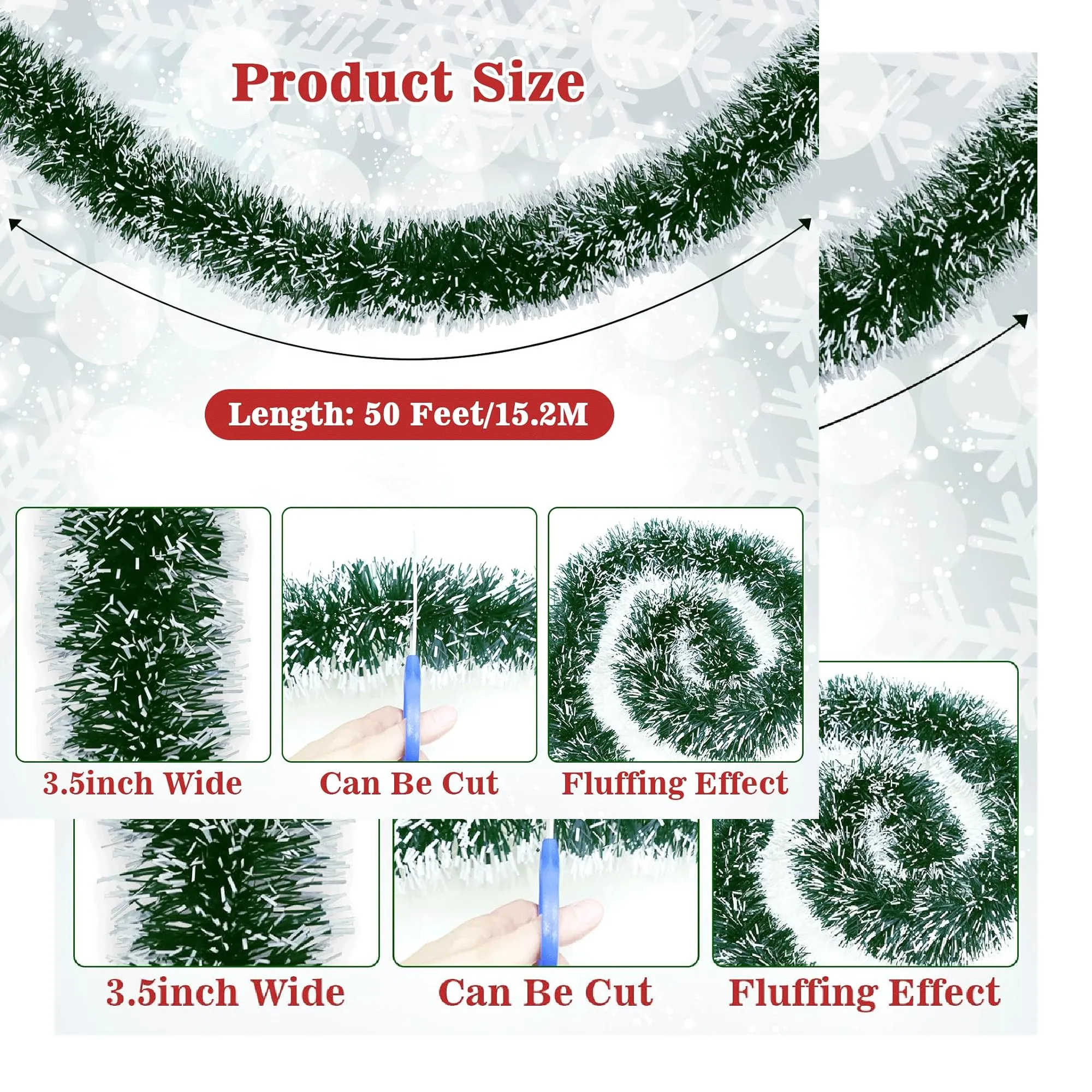 50Ft Christmas Tinsel Garland with Snowflake Tip,Green Metallic Twist Garland for Christmas Tree Decorations,Xmas Tree Decor Holiday Ceiling Hanging Indoor Outdoor Party Supplies