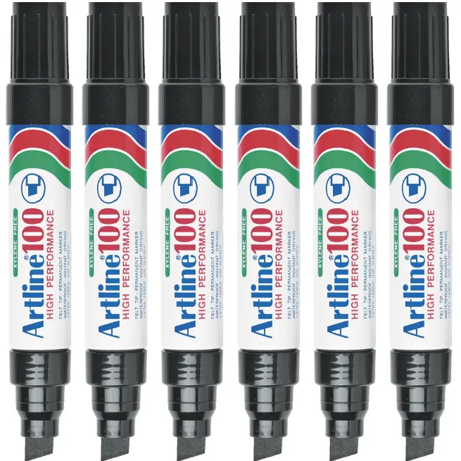 Artline 100 Permanent Marker 12mm Chisel Nib Black Box 6