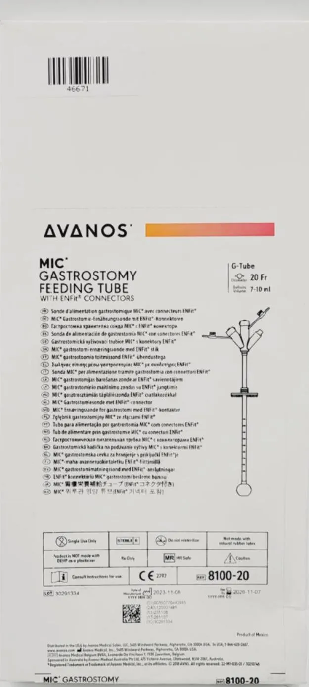 Avanos 8100-20 Gastrostomy Feeding Tube w/ ENFIT Connectors 20Fr