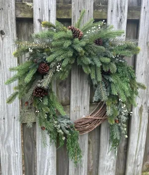 Cascading Winter Pine Wreath with Berries and Pinecones