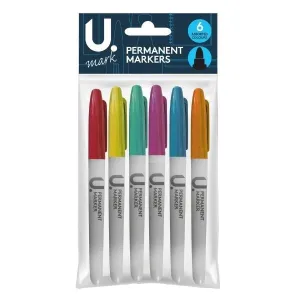 Colour Permanent Markers - 6 Pack Assorted Vibrant Colours Permanent Ink Long-Lasting Marks