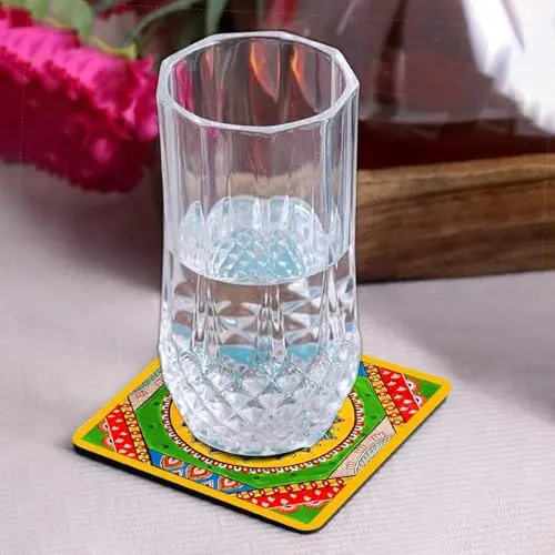 Designer Wooden Coaster Set of 6 with Stand, Multicolor, Round 3.5 x 3.5 cm