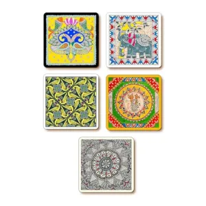 Designer Wooden Coaster Set of 6 with Stand, Multicolor, Round 3.5 x 3.5 cm