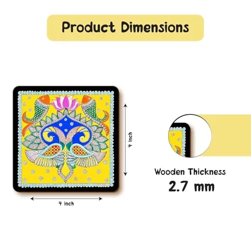 Designer Wooden Coaster Set of 6 with Stand, Multicolor, Round 3.5 x 3.5 cm