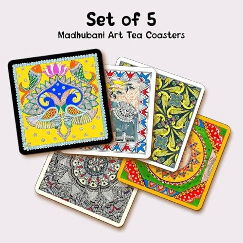 Designer Wooden Coaster Set of 6 with Stand, Multicolor, Round 3.5 x 3.5 cm