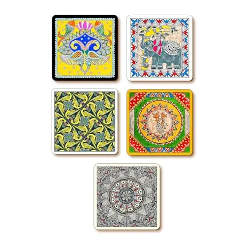 Designer Wooden Coaster Set of 6 with Stand, Multicolor, Round 3.5 x 3.5 cm