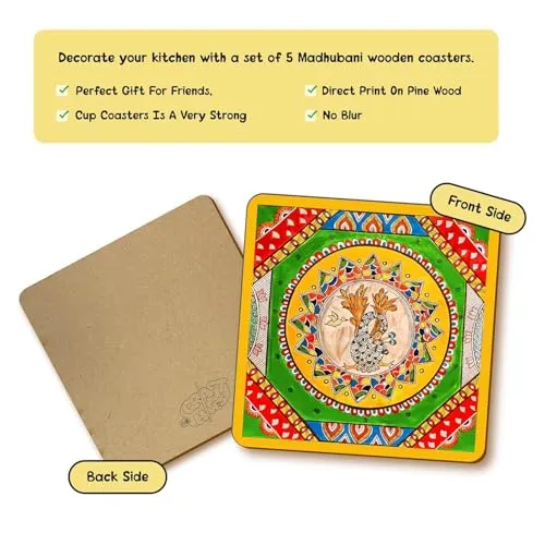 Designer Wooden Coaster Set of 6 with Stand, Multicolor, Round 3.5 x 3.5 cm