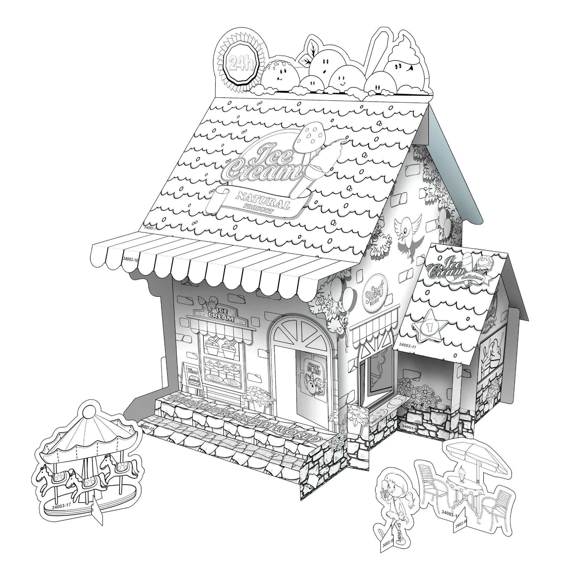 Educational Paper Toy | Mini DIY Creative Coloring Cardboard House - Ice Cream Shop