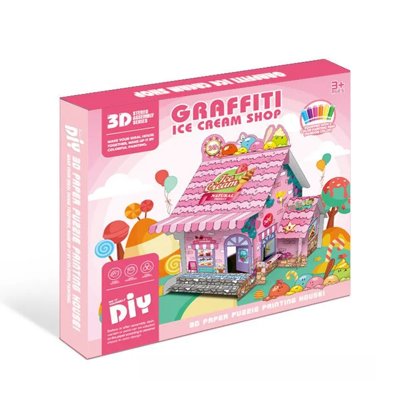 Educational Paper Toy | Mini DIY Creative Coloring Cardboard House - Ice Cream Shop