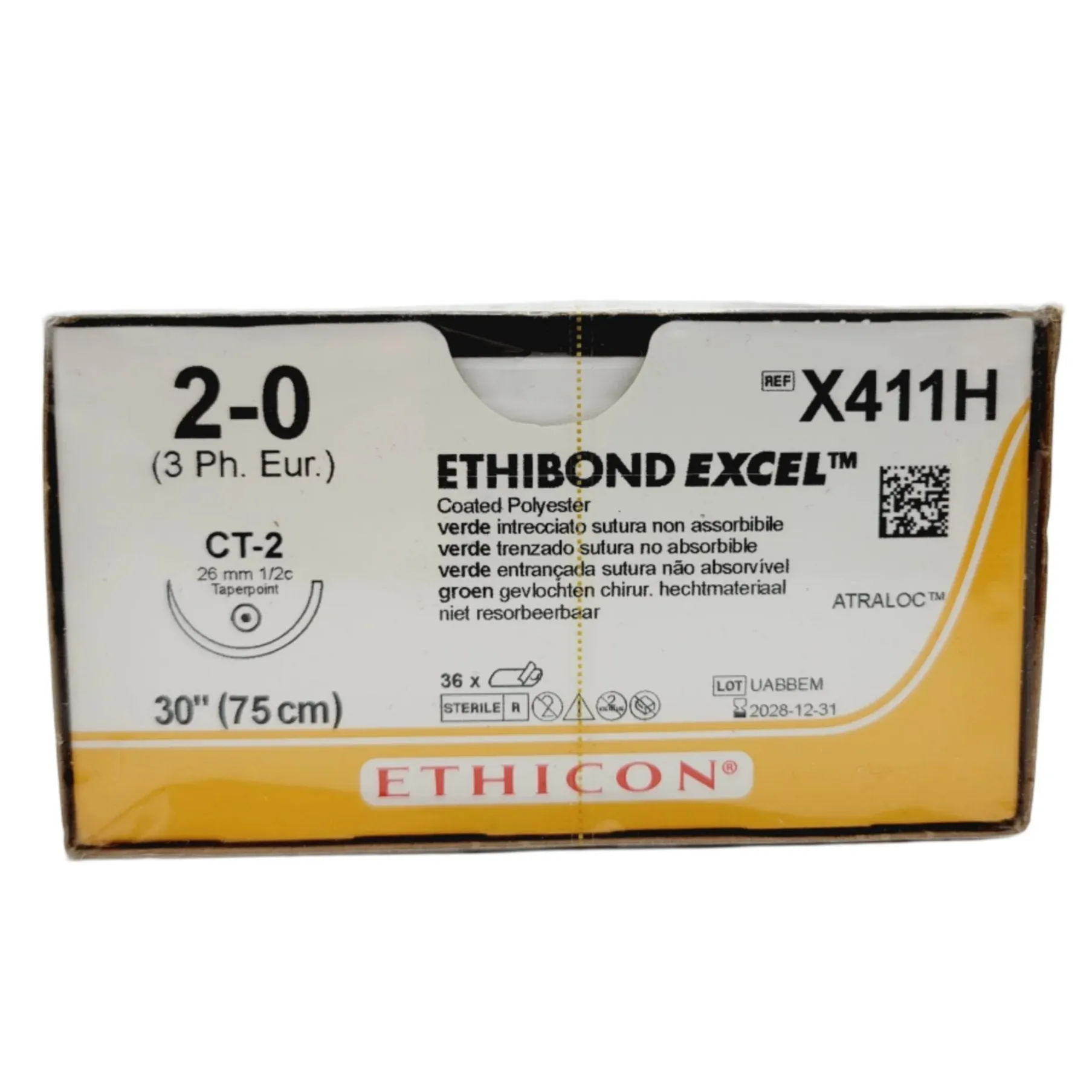 Ethicon ETHIBOND EXCEL X411H 2-0 CT-2 26mm Coated Polyester 30", Box of 36