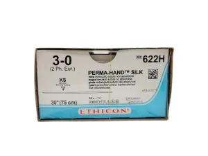 Ethicon PERMA-HAND SILK 622H 3-0 KS 60mm Black Braided 30", Box of 36