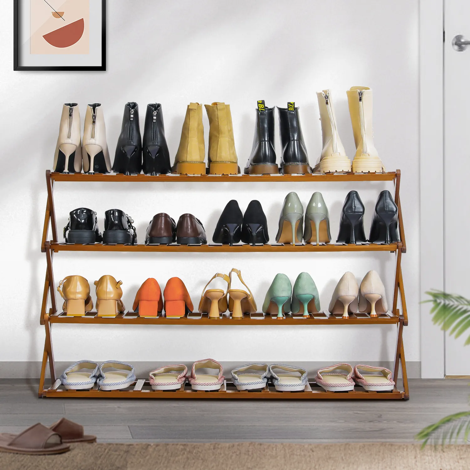 Foldable Multifunctional Shoe Rack Organizer - 4 Tier - Brown