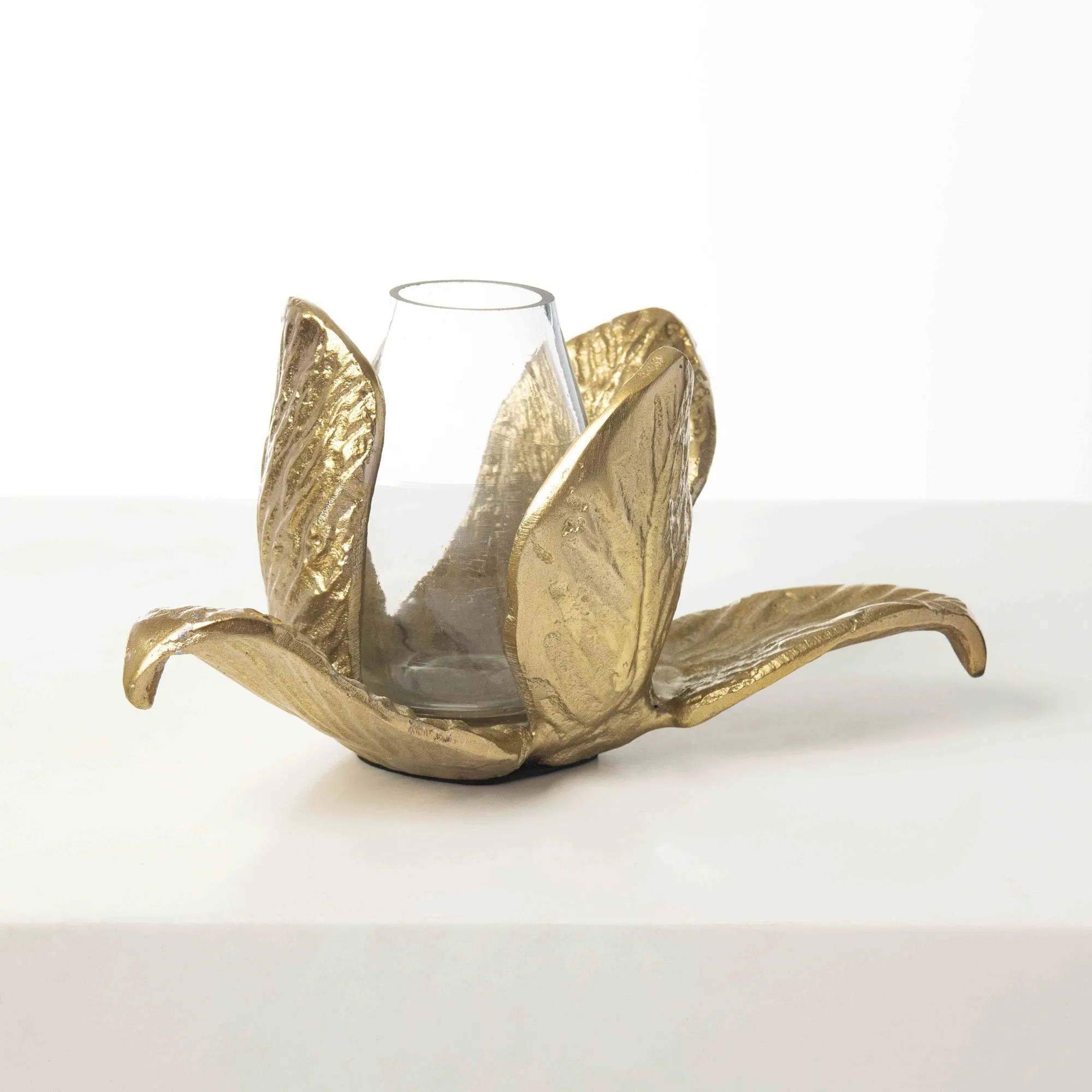 Gold Metal & Glass Budding Flower Sculpture Candle Holder Budvase