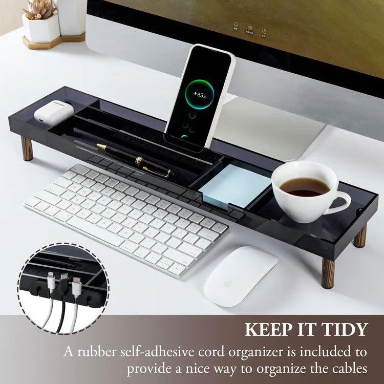 Gray Acrylic and Solid Wood Desktop Organizer Tray, Office Desk Flow Storage