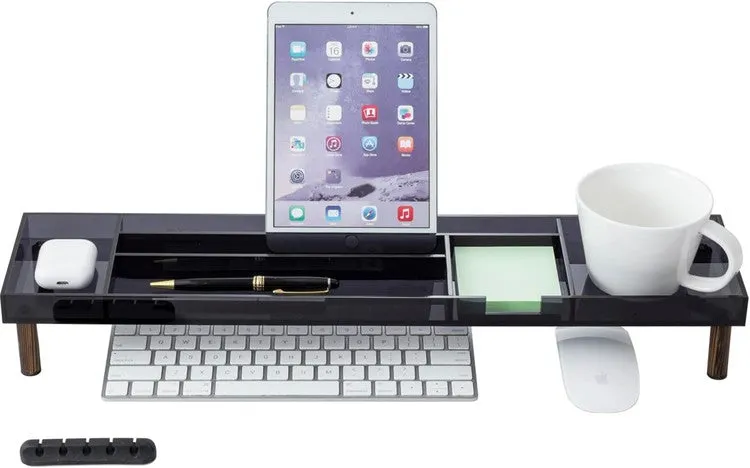 Gray Acrylic and Solid Wood Desktop Organizer Tray, Office Desk Flow Storage