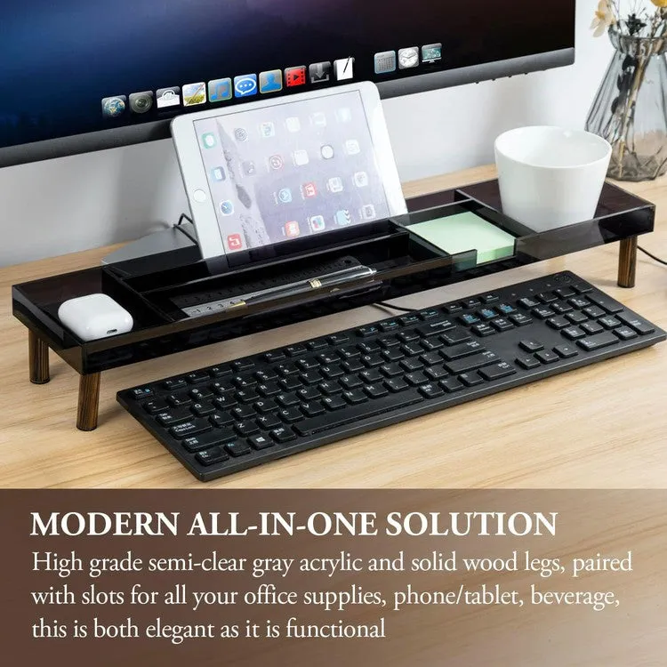 Gray Acrylic and Solid Wood Desktop Organizer Tray, Office Desk Flow Storage