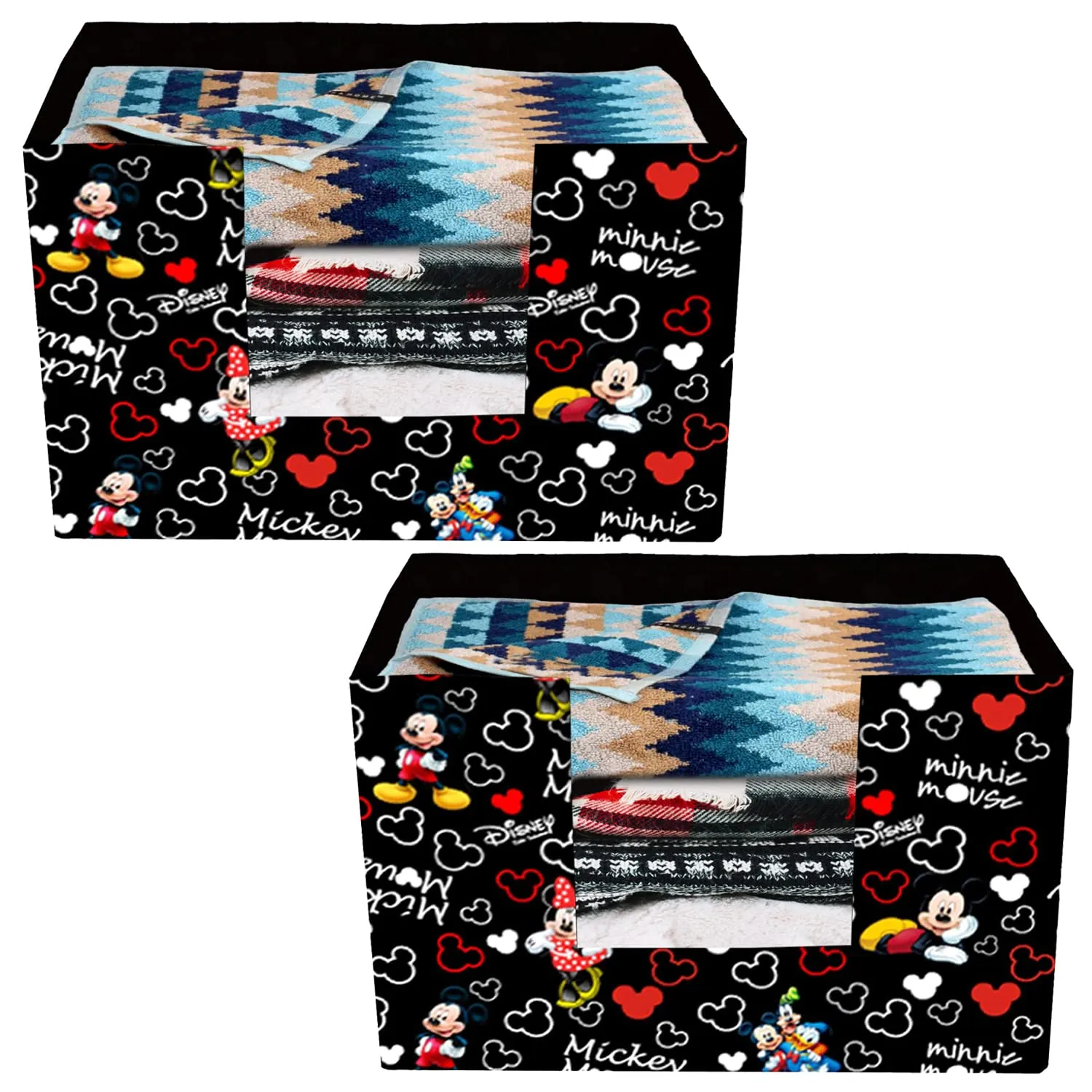 Heart Home Disney Mickey Mouse Printed Non-Woven Foldable Saree Stacker, Wardrobe Organizer, Storage Bin With Handle- Pack of 2 (Black)-HS43HEARTH26376