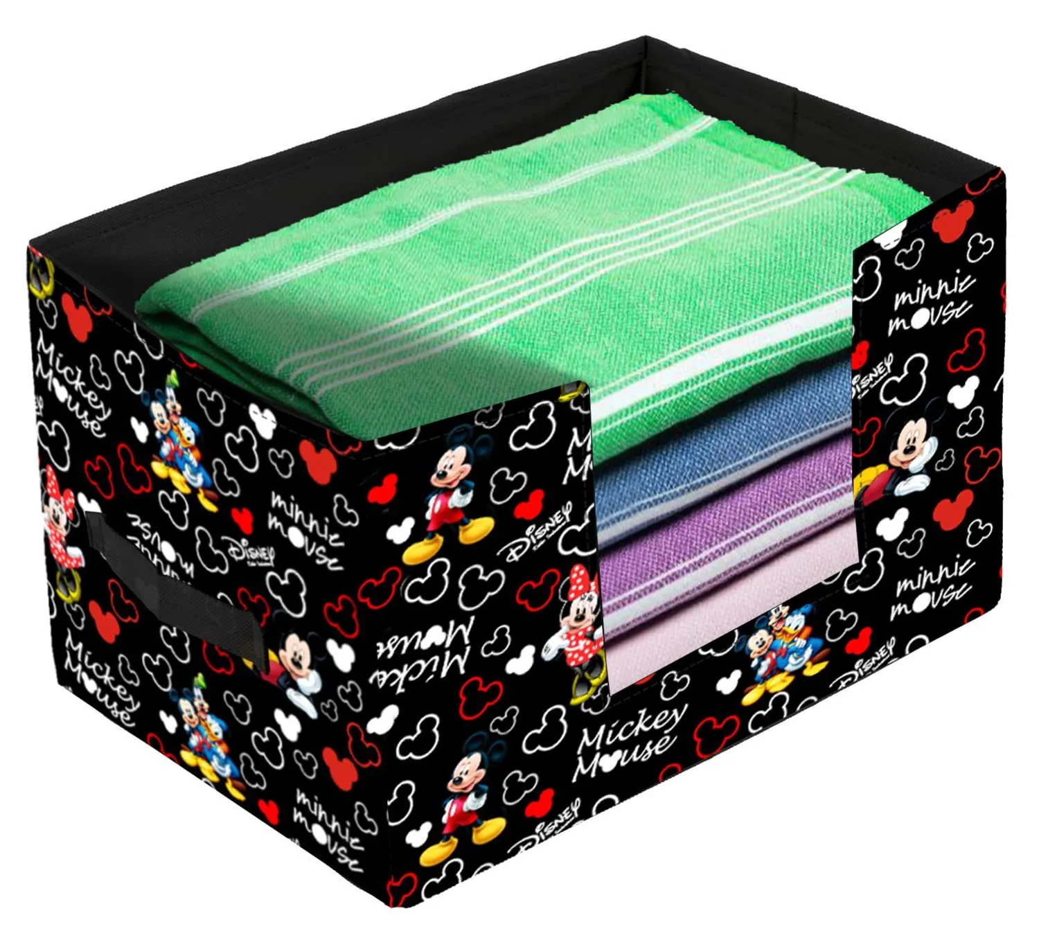 Heart Home Disney Mickey Mouse Printed Non-Woven Foldable Saree Stacker, Wardrobe Organizer, Storage Bin With Handle- Pack of 2 (Black)-HS43HEARTH26376
