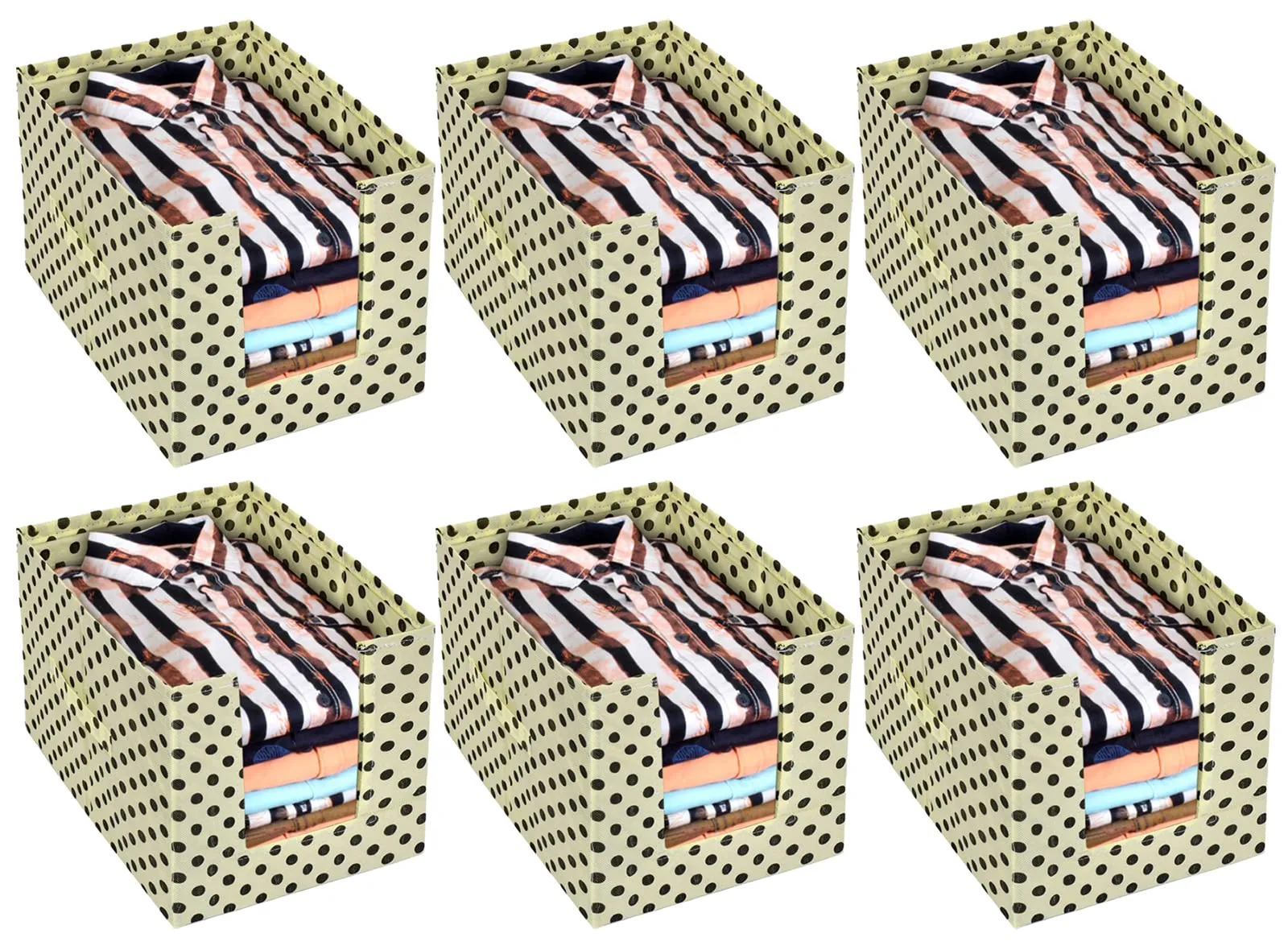 Heart Home Dot Printed Non-Woven Foldable Shirt Stacker Closet Organizer With Handles- Pack of 6 (Cream & Black)-HS43HEARTH26564