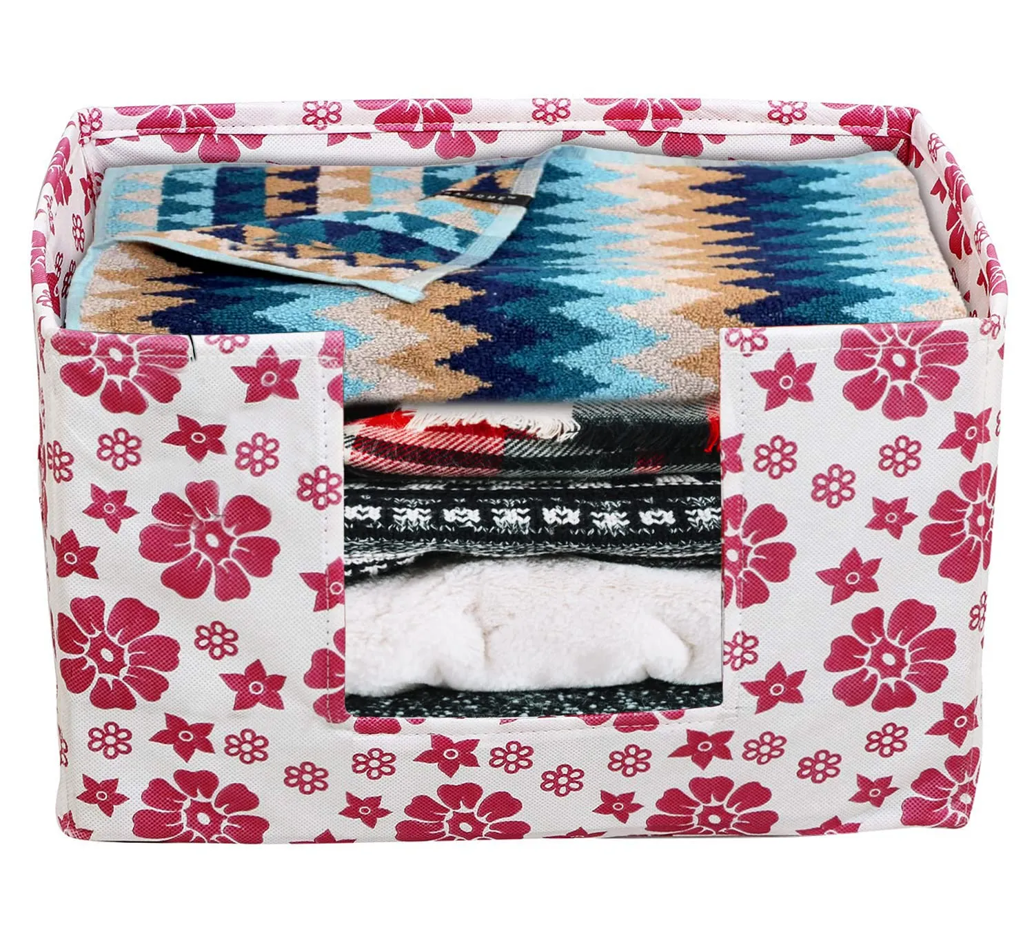 Heart Home Flower Printed Multiuses Non-Woven Closet Organizer, Storage Bin, Shelf Storage Oragnizer With Handle- Pack of 2 (Pink)-HS43HEARTH26361