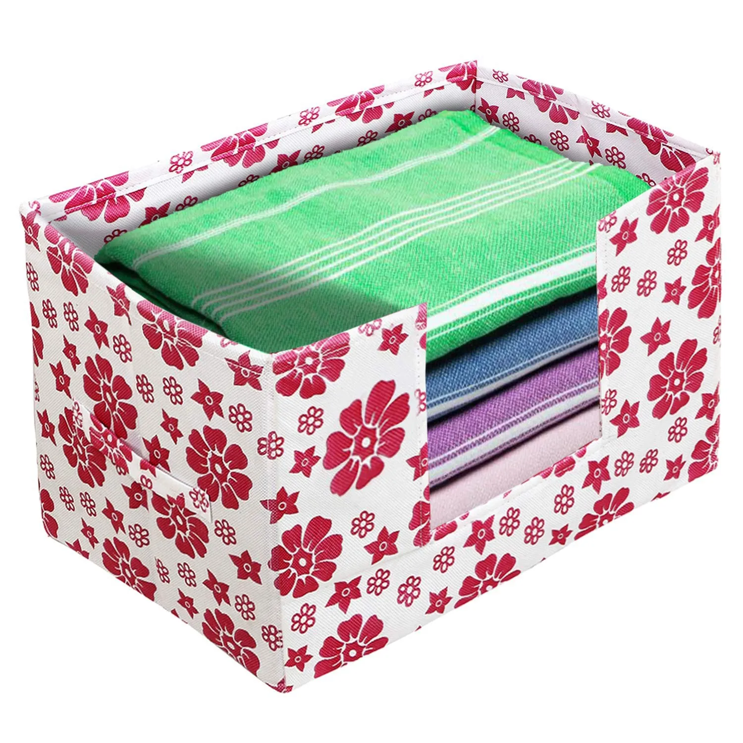 Heart Home Flower Printed Multiuses Non-Woven Closet Organizer, Storage Bin, Shelf Storage Oragnizer With Handle- Pack of 2 (Pink)-HS43HEARTH26361