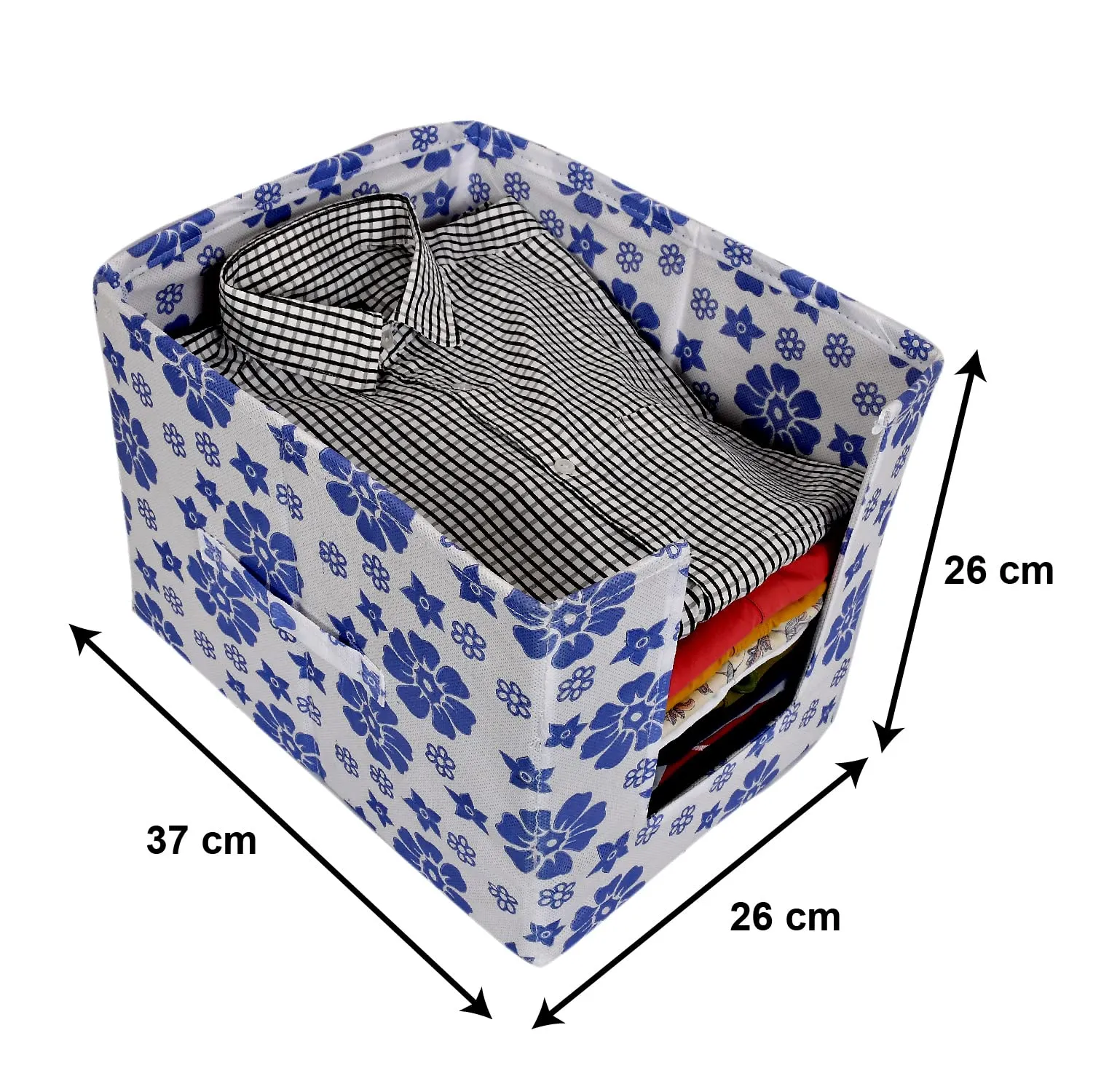 Heart Home Flower Printed Multiuses Non-Woven Closet Organizer With Handles- Pack of 4 (White & Blue) -HS43HEARTH26503