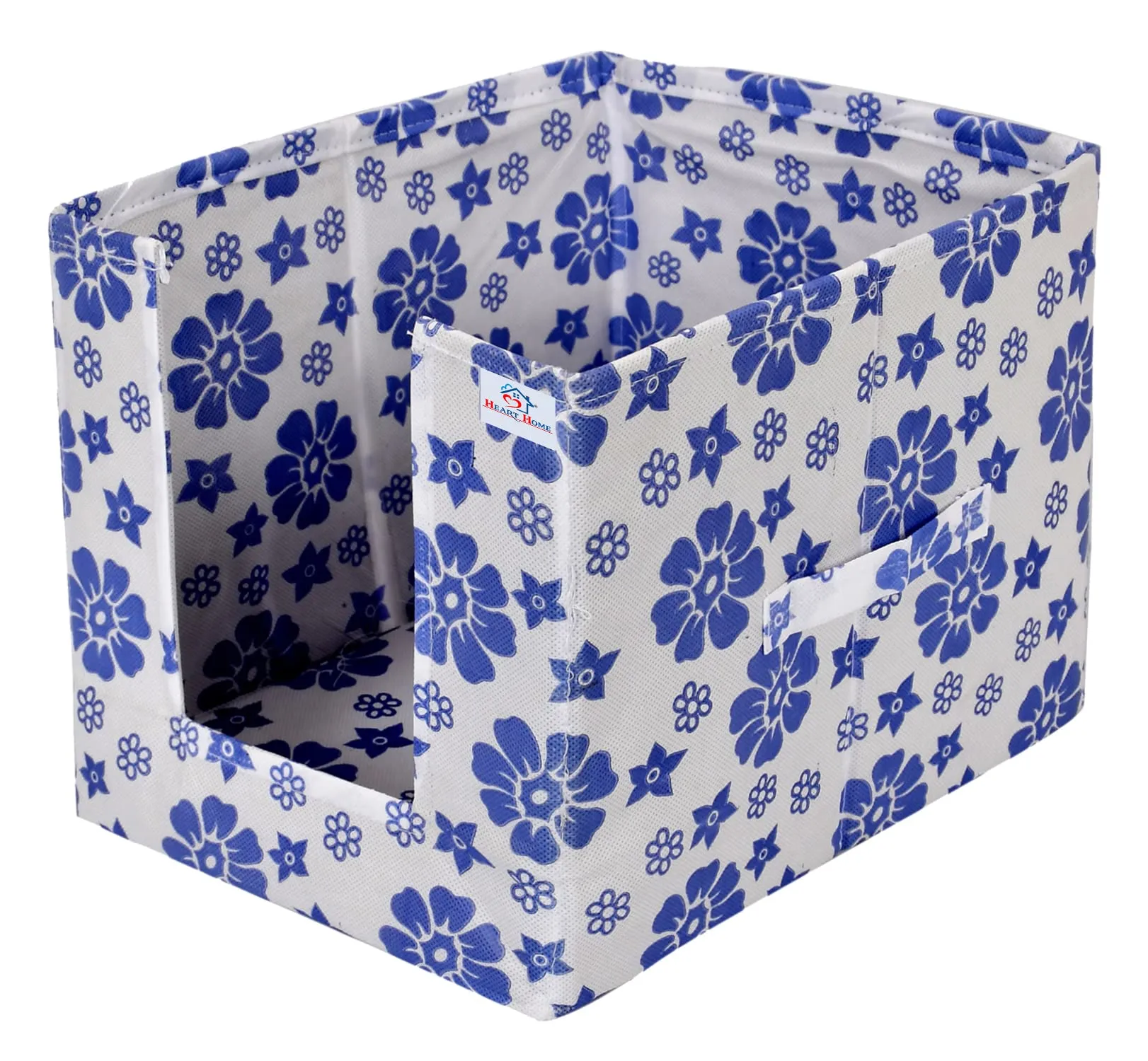 Heart Home Flower Printed Multiuses Non-Woven Closet Organizer With Handles- Pack of 4 (White & Blue) -HS43HEARTH26503