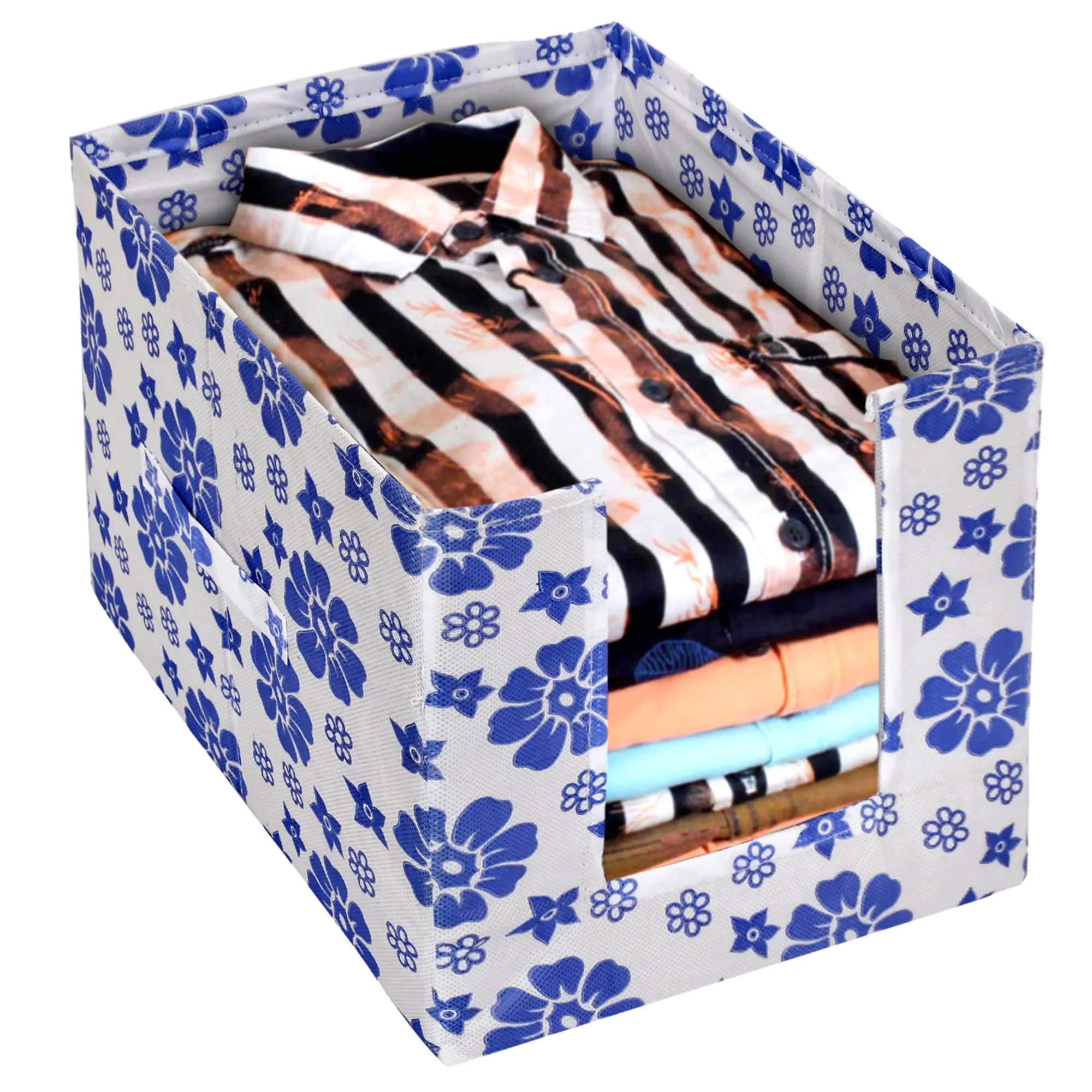 Heart Home Flower Printed Multiuses Non-Woven Closet Organizer With Handles- Pack of 4 (White & Blue) -HS43HEARTH26503