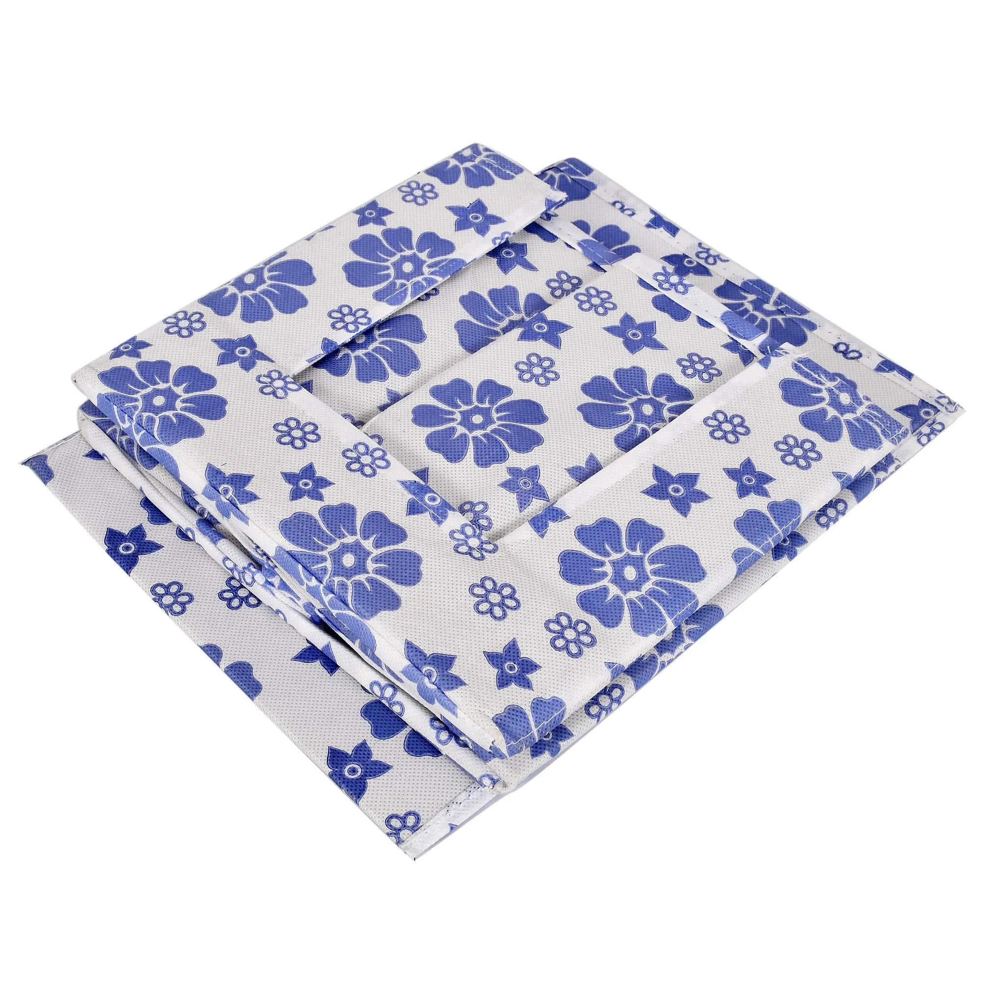 Heart Home Flower Printed Multiuses Non-Woven Closet Organizer With Handles- Pack of 4 (White & Blue) -HS43HEARTH26503