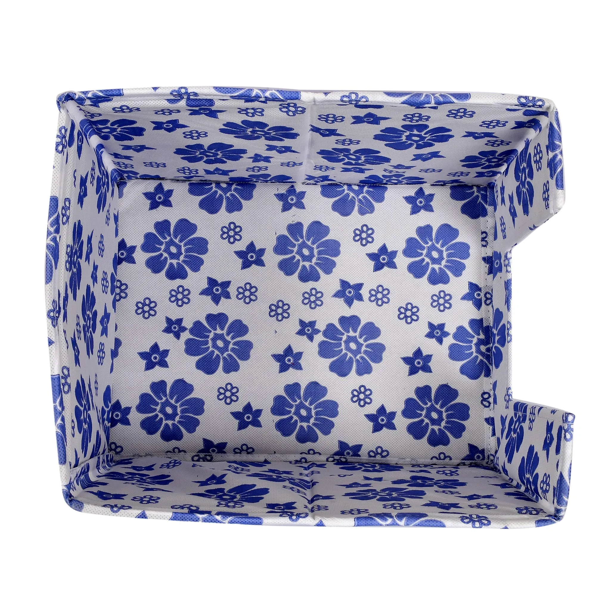 Heart Home Flower Printed Multiuses Non-Woven Closet Organizer With Handles- Pack of 4 (White & Blue) -HS43HEARTH26503