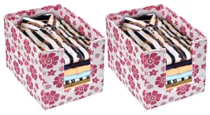 Heart Home Flower Printed Non-Woven Foldable Shirt Stacker Closet Organizer With Handles- Pack of 2 (White & Pink)-HS43HEARTH26508