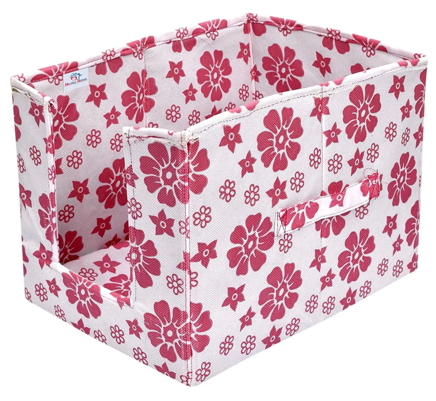 Heart Home Flower Printed Non-Woven Foldable Shirt Stacker Closet Organizer With Handles- Pack of 4 (White & Pink)-HS43HEARTH26512