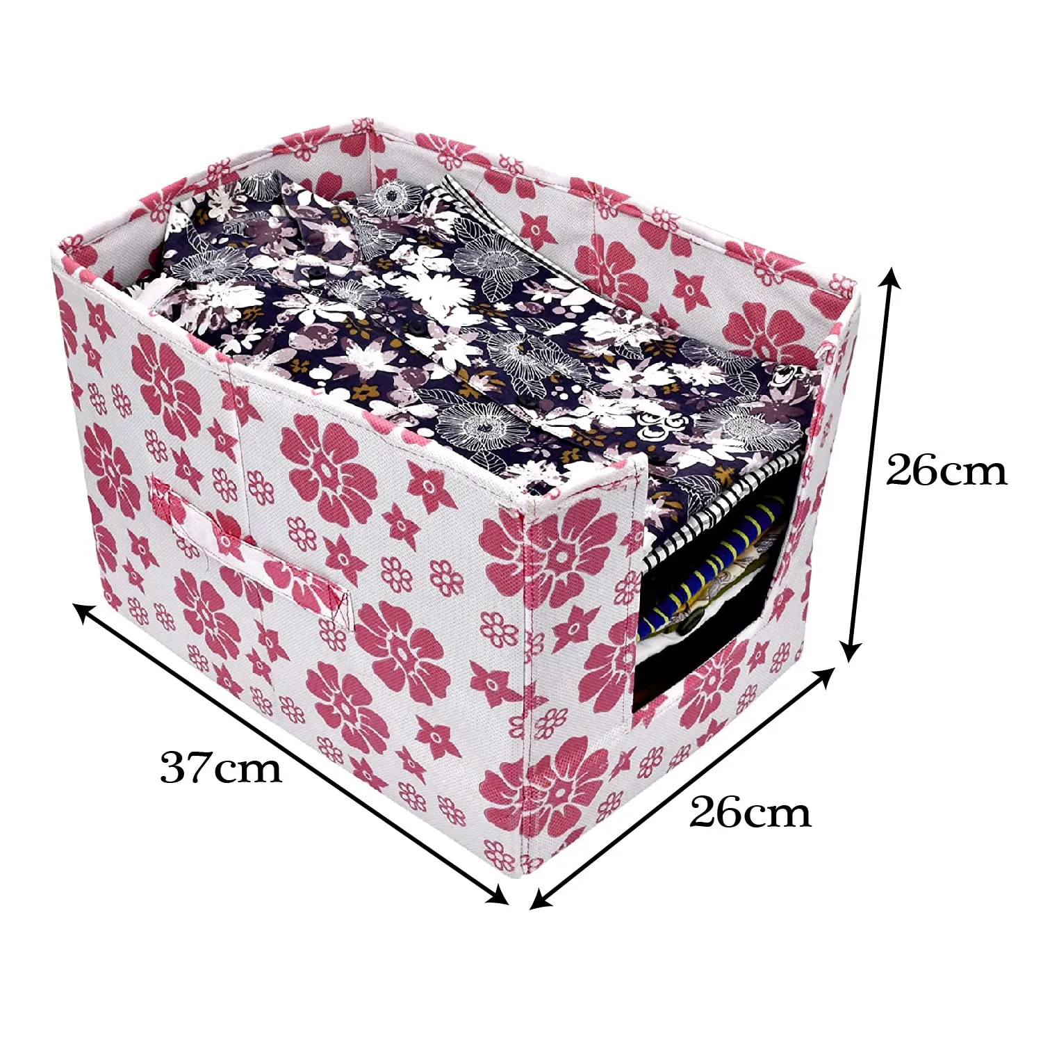 Heart Home Flower Printed Non-Woven Foldable Shirt Stacker Closet Organizer With Handles- Pack of 4 (White & Pink)-HS43HEARTH26512