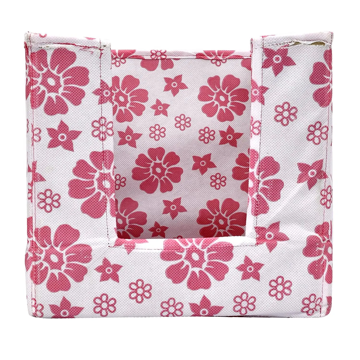 Heart Home Flower Printed Non-Woven Foldable Shirt Stacker Closet Organizer With Handles- Pack of 4 (White & Pink)-HS43HEARTH26512