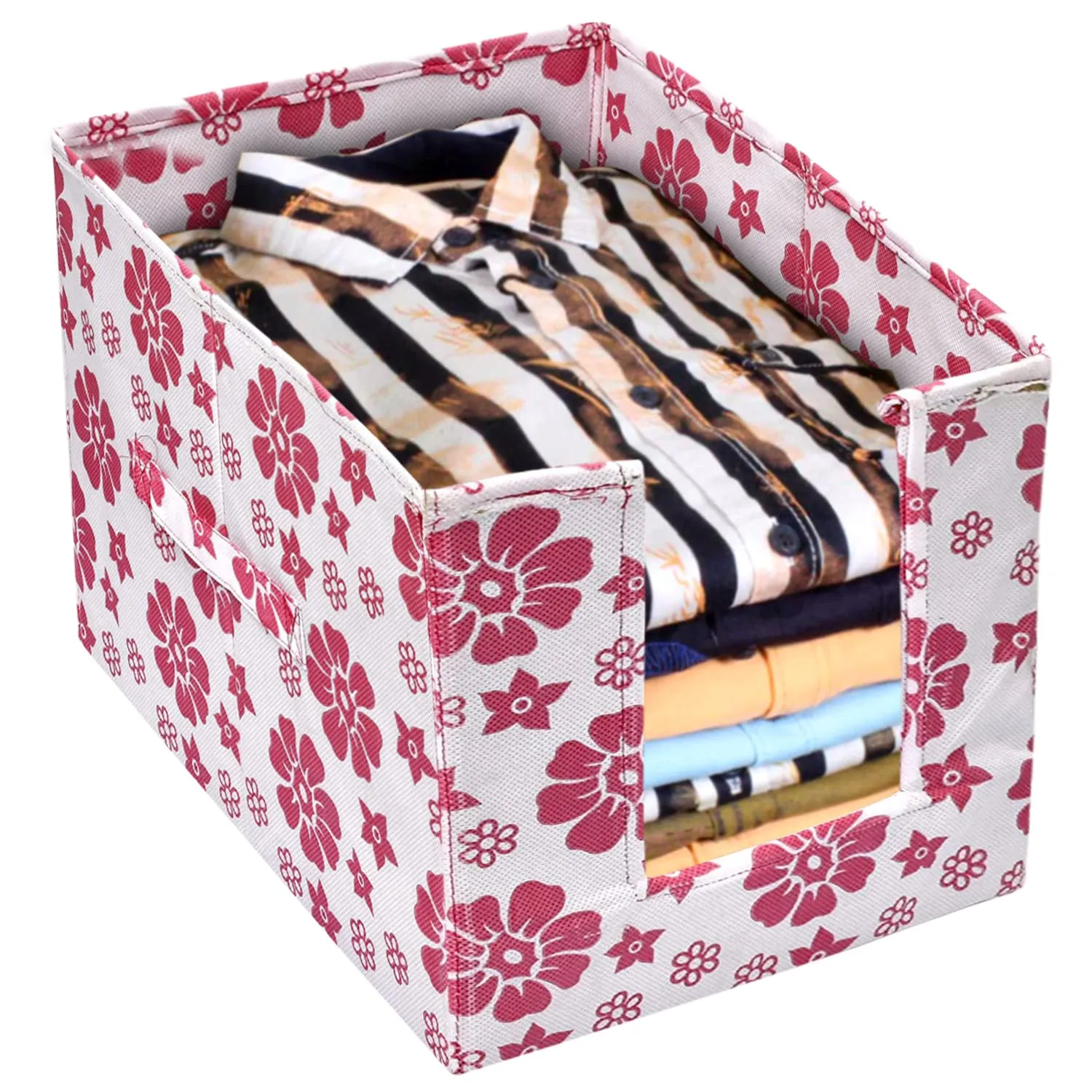 Heart Home Flower Printed Non-Woven Foldable Shirt Stacker Closet Organizer With Handles- Pack of 4 (White & Pink)-HS43HEARTH26512