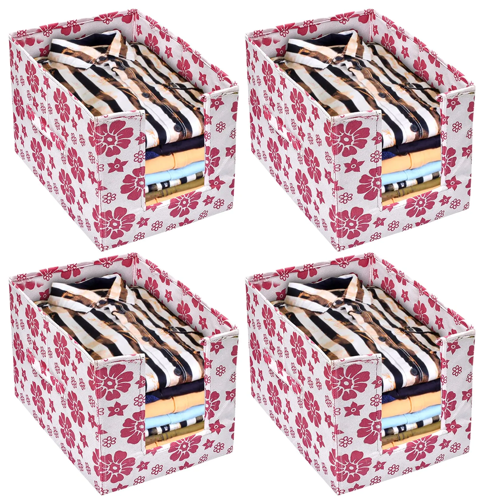Heart Home Flower Printed Non-Woven Foldable Shirt Stacker Closet Organizer With Handles- Pack of 4 (White & Pink)-HS43HEARTH26512
