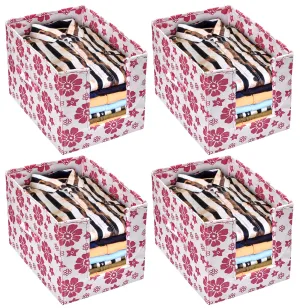 Heart Home Flower Printed Non-Woven Foldable Shirt Stacker Closet Organizer With Handles- Pack of 4 (White & Pink)-HS43HEARTH26512