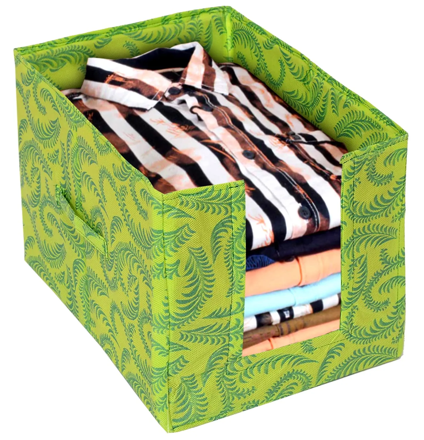 Heart Home Leaf Printed Multiuses Non-Woven Closet Organizer With Handles- Pack of 4 (Green) -HS43HEARTH26473