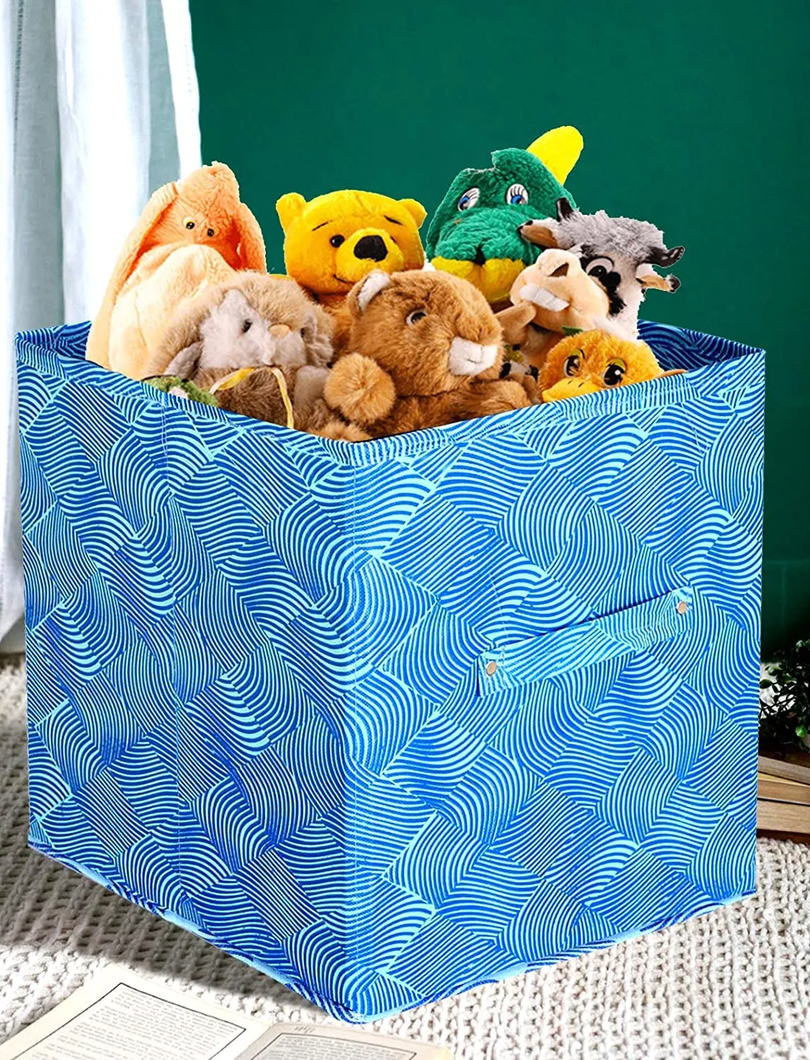 Heart Home Lehariya Printed Non-Woven Foldable Storage Bin/Cube/Organizer For Toys, Clothes And Books With Handles- Pack of 4 (Blue) -HS43HEARTH26246