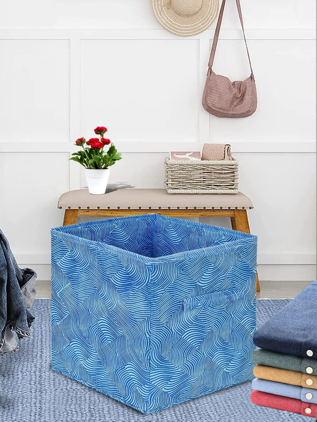 Heart Home Lehariya Printed Non-Woven Foldable Storage Bin/Cube/Organizer For Toys, Clothes And Books With Handles- Pack of 4 (Blue) -HS43HEARTH26246
