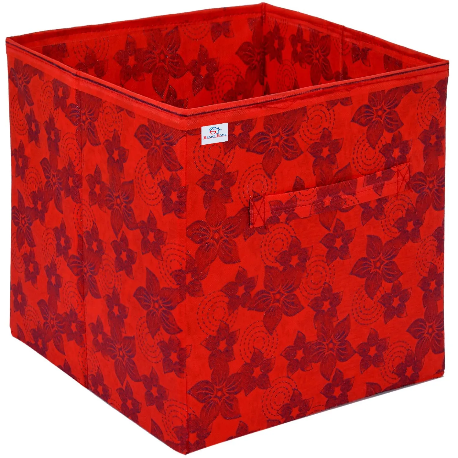 Heart Home Metallic Flower Printed Multipurposes Storage Box/Organizer With Handles- Pack of 2 (Red) -HS43HEARTH26263