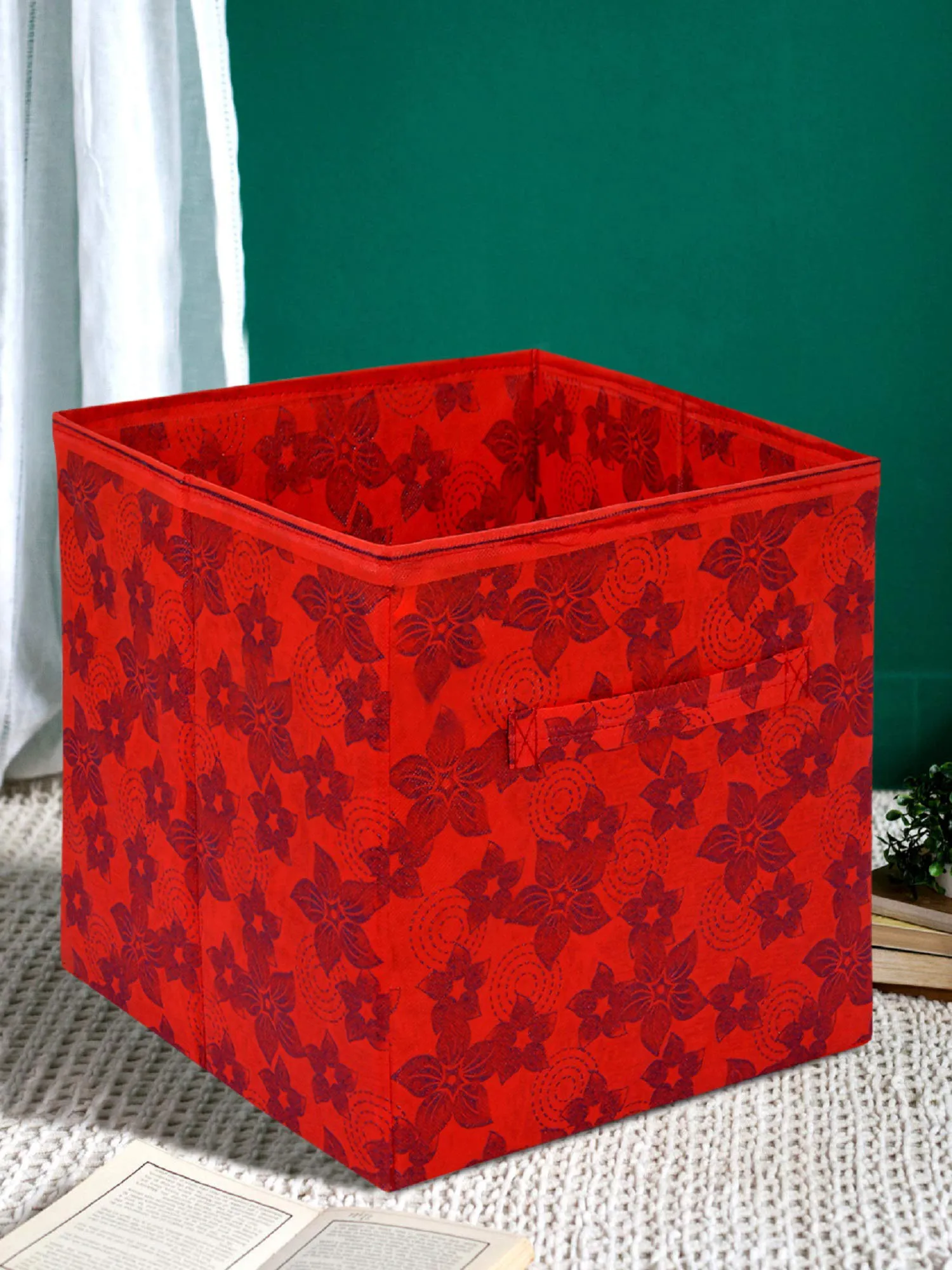 Heart Home Metallic Flower Printed Multipurposes Storage Box/Organizer With Handles- Pack of 2 (Red) -HS43HEARTH26263