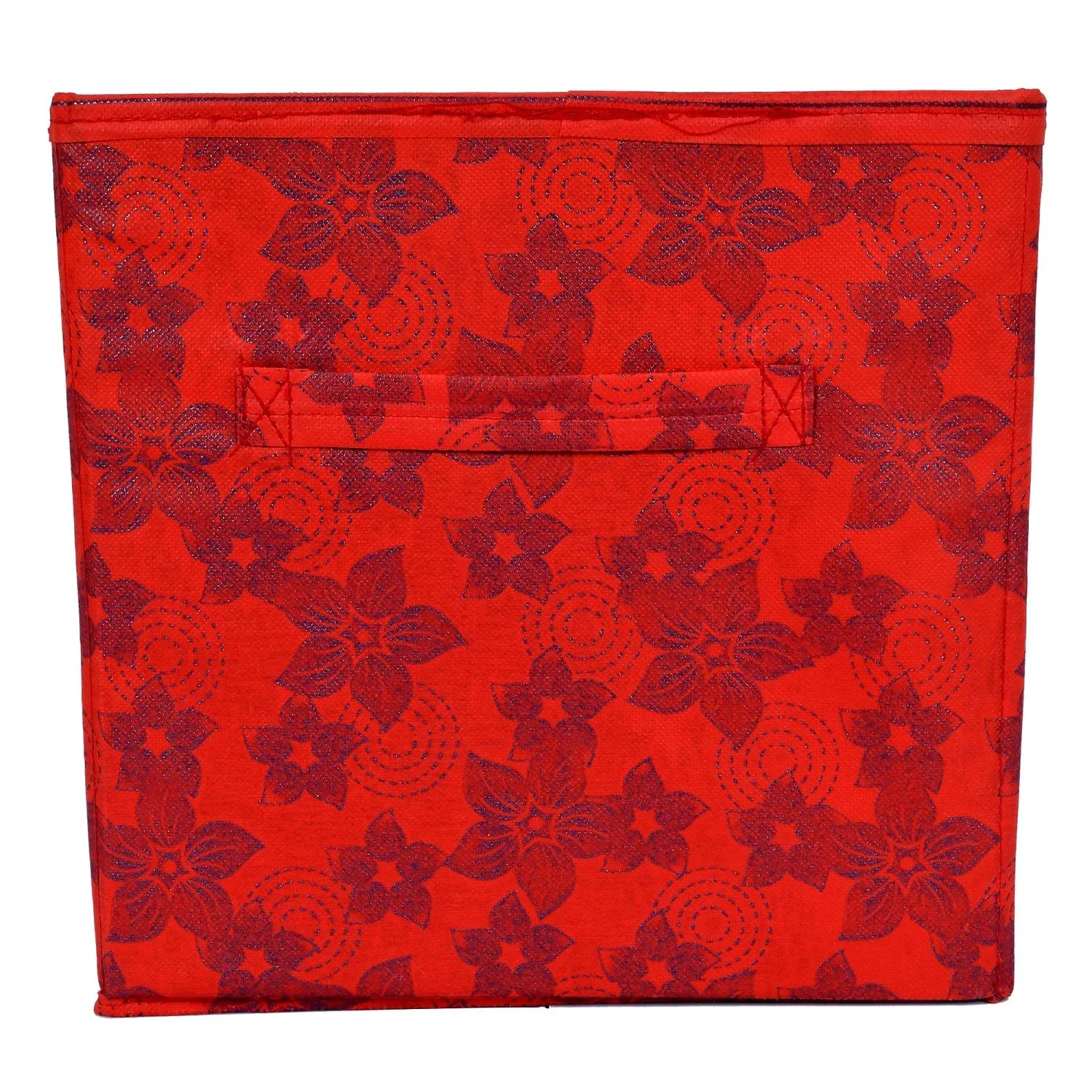 Heart Home Metallic Flower Printed Multipurposes Storage Box/Organizer With Handles- Pack of 2 (Red) -HS43HEARTH26263