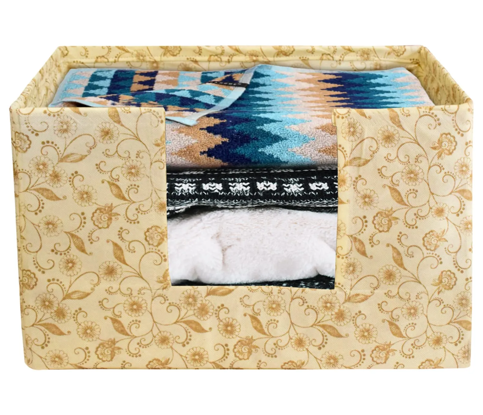 Heart Home Metallic Flower Printed Multiuses Non-Woven Closet Organizer, Storage Bin, Shelf Storage Oragnizer With Handle- Pack of 2 (Ivory)-HS43HEARTH26369