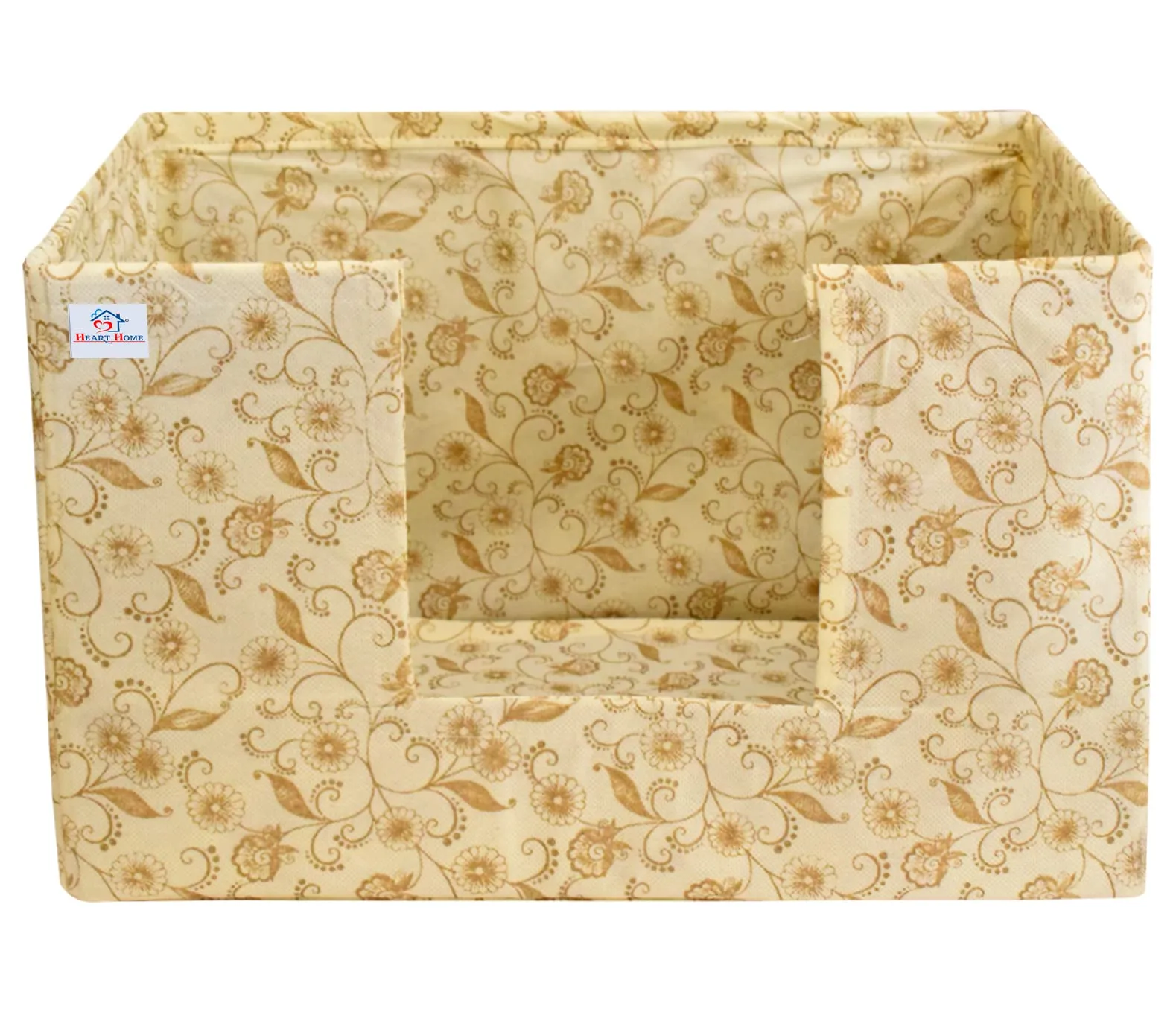 Heart Home Metallic Flower Printed Multiuses Non-Woven Closet Organizer, Storage Bin, Shelf Storage Oragnizer With Handle- Pack of 2 (Ivory)-HS43HEARTH26369