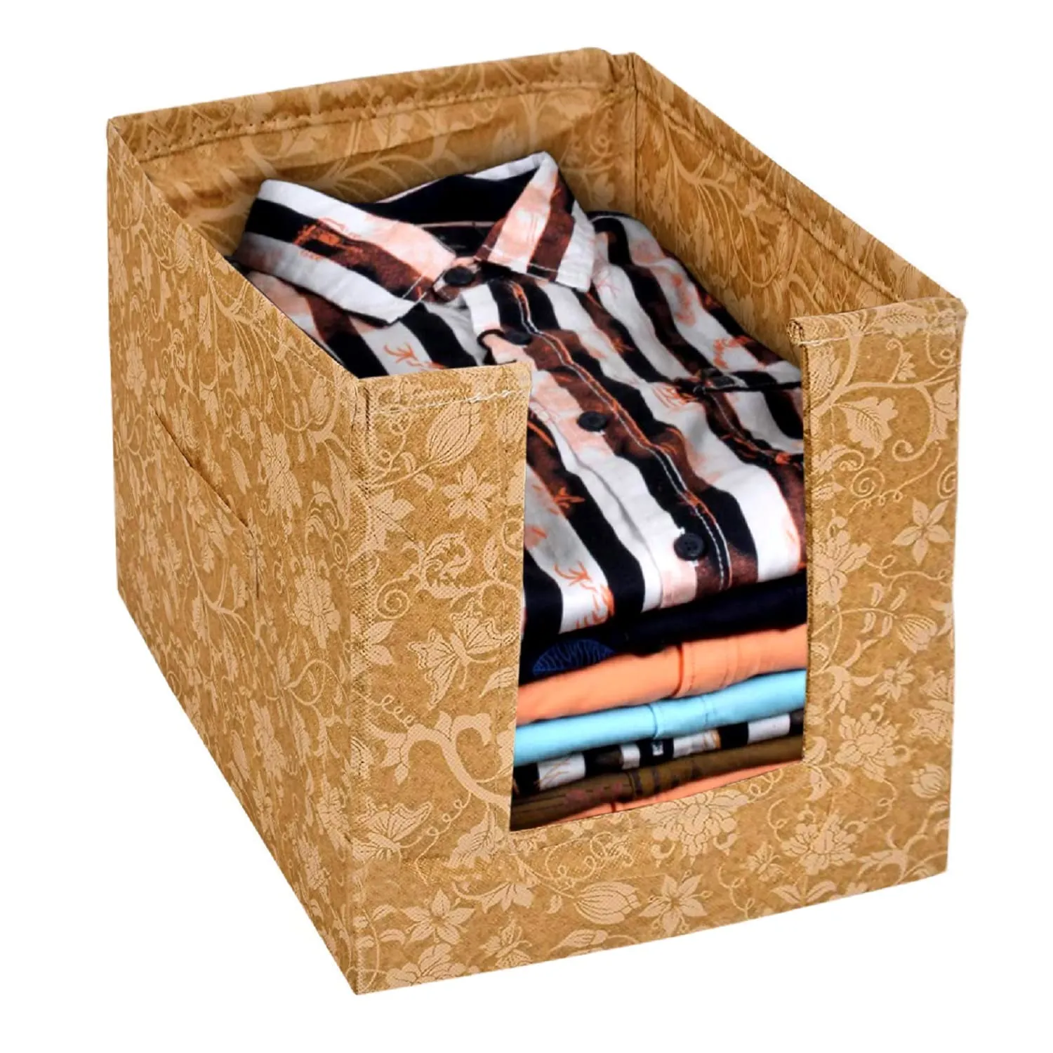 Heart Home Metallic Flower Printed Multiuses Non-Woven Closet Organizer With Handles (Brown) -HS43HEARTH26437